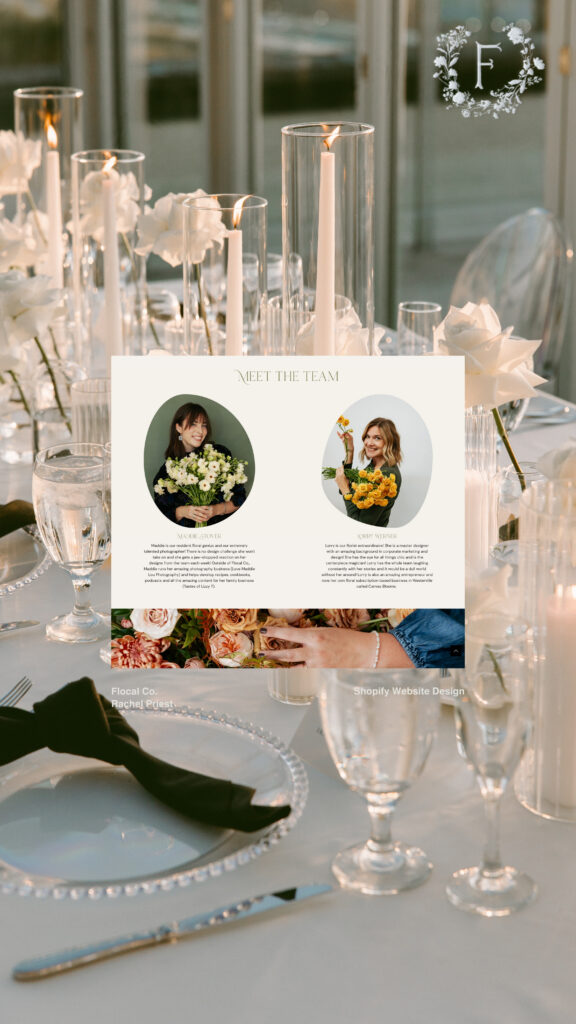 Elegant wedding table setting with candles, white flowers, glassware, and a “Meet the Team” card featuring two floral designers.