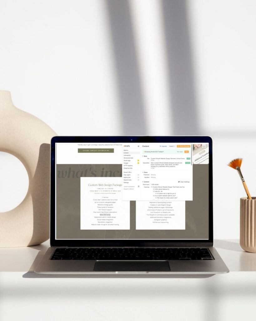 A laptop displaying an open website, showcasing the Ahrefs SEO toolbar interface.