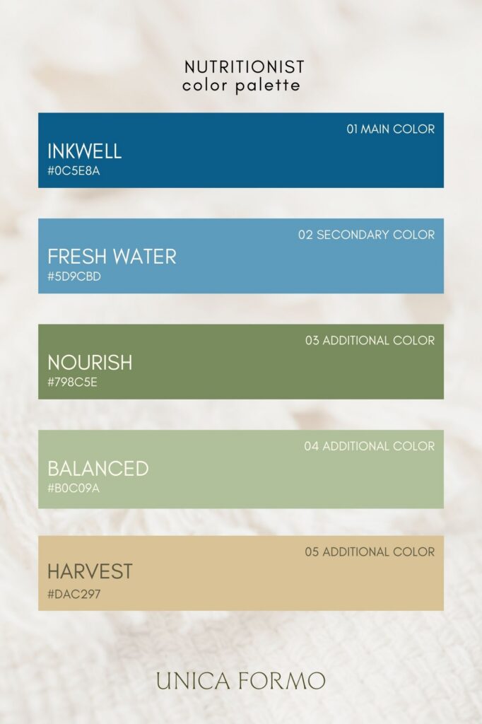 Nutritionist color palette showing five swatches: teal Inkwell, blue Fresh Water, olive Nourish, sage Balanced, and tan Harvest; calm, natural tone.