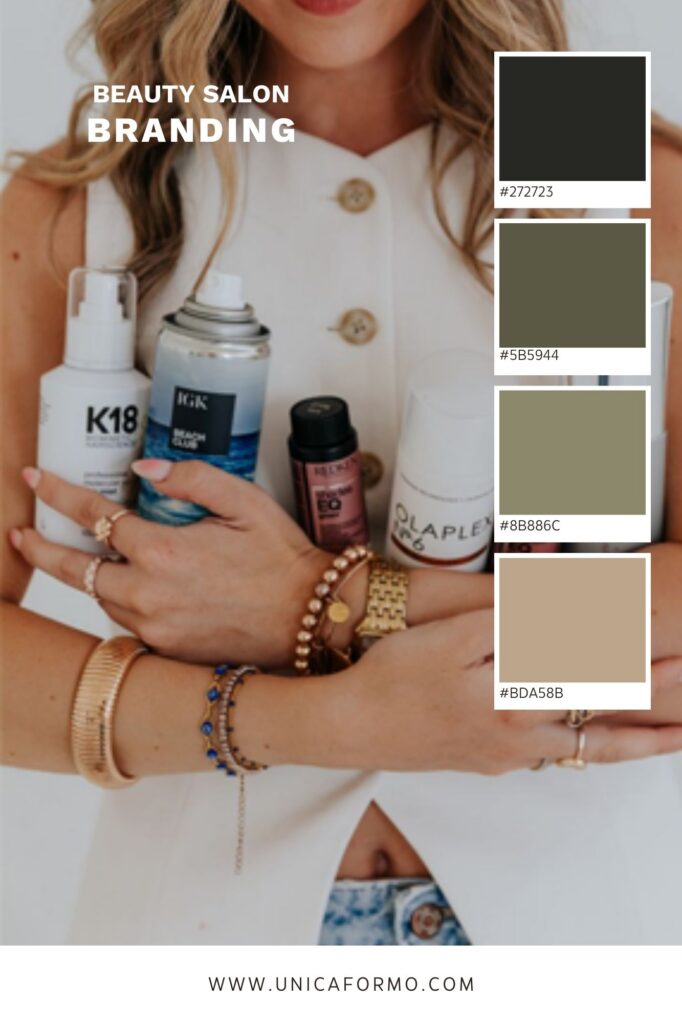 Beauty salon branding mood board with a woman holding skincare products, muted neutral color swatches, and a polished, professional beauty aesthetic.