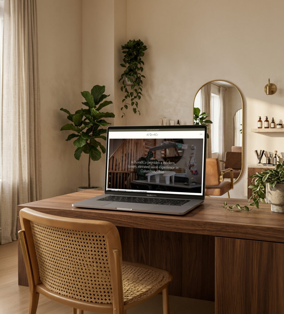Warm home office with laptop on a wooden desk, cane chair, leafy plants, arched mirror, and sunlight creating a calm, inviting atmosphere.