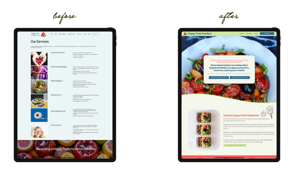 Before-and-after tablet view of a nutrition website: the old text-heavy services page becomes a colorful, modern healthy-eating homepage.