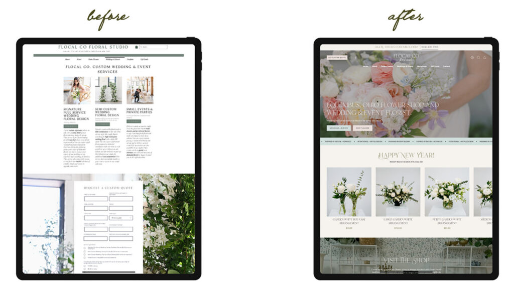 Before-and-after Florist Shopify website design on two tablets: a plain wedding studio page becomes an elegant floral site with soft, romantic styling.