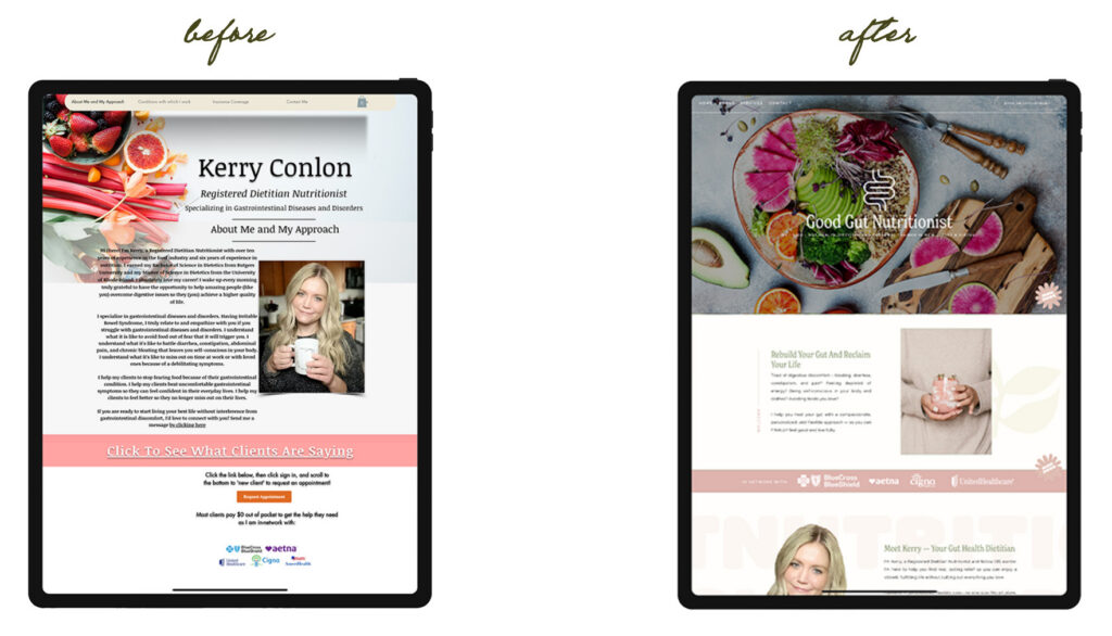 Before-and-after comparison of Kerry Conlon nutritionist websites: the old page is text-heavy, while the redesigned site feels colorful, fresh, and inviting.