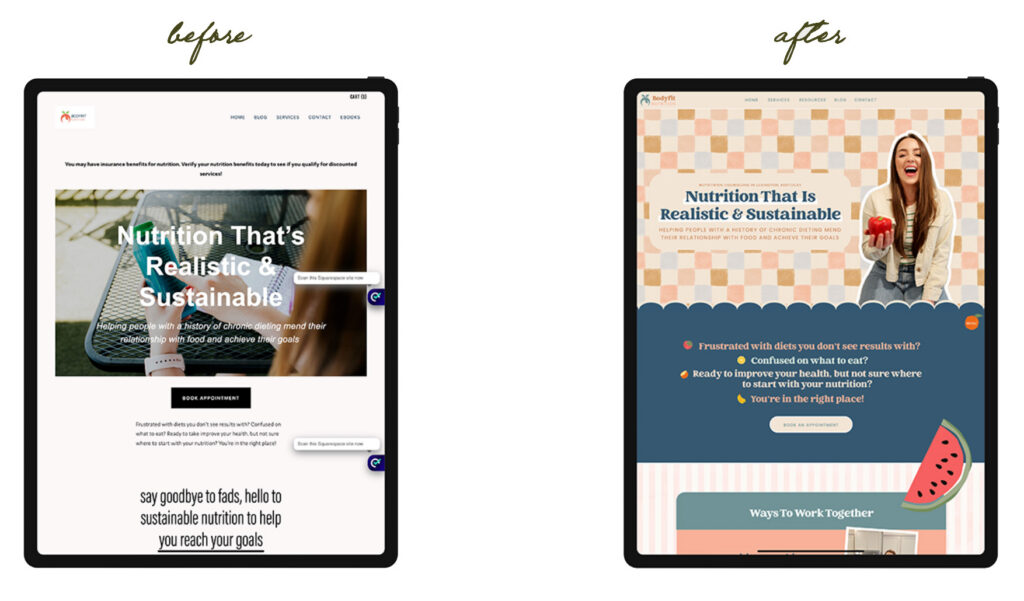 Before-and-after Nutritionist Website Design for Women on two tablets: nutrition site shifts from dark, plain layout to colorful, friendly, sustainable branding.