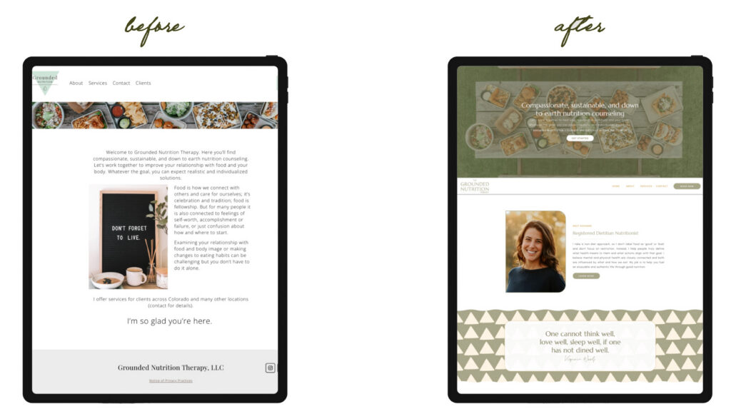 Before-and-after website mockups on tablets: a plain white layout becomes a warm, earthy design with food imagery, portrait, and patterns.