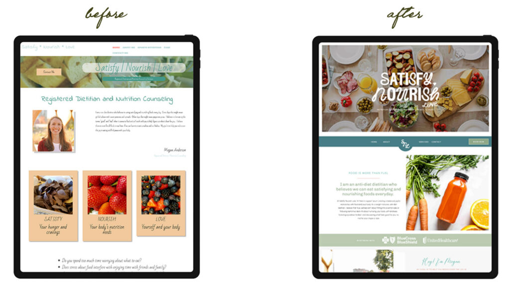Before-and-after comparison of a nutrition counseling website: a dated, sparse layout on the left becomes a vibrant, modern design with food photos.