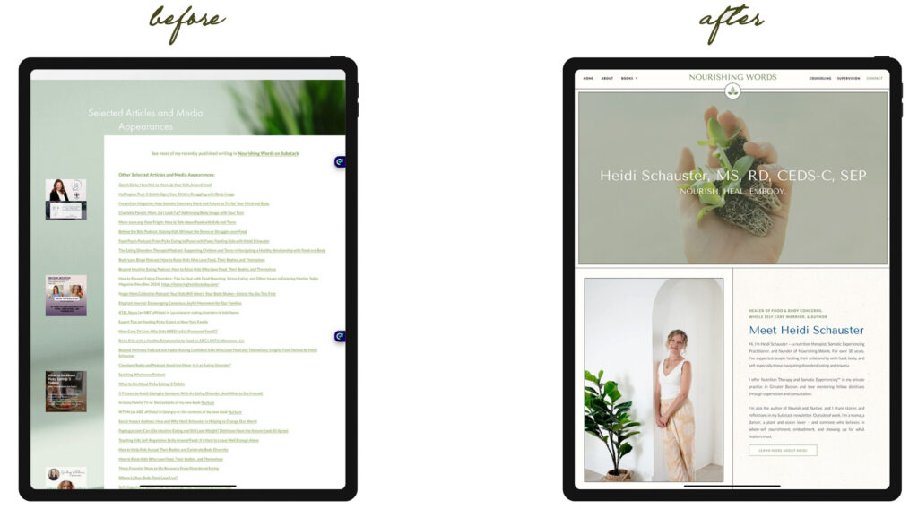 Before-and-after nutritionist and author website design on a tablet: a text-heavy page becomes an elegant portfolio with a floral hero image and portrait.