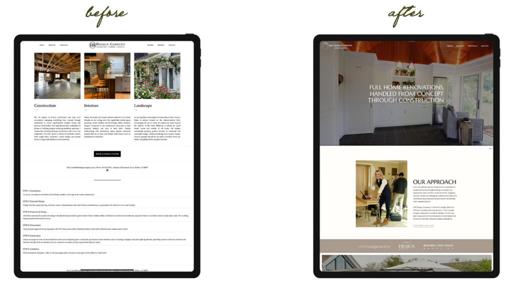Before-and-after website redesign on two tablets: a plain, text-heavy site becomes a polished, professional home renovations website with photos.