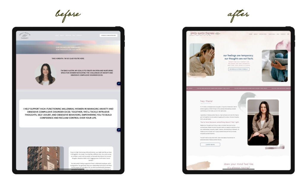 Before-and-after website redesign displayed on two tablets, showing a cluttered “before” page and a polished, professional “after” layout.