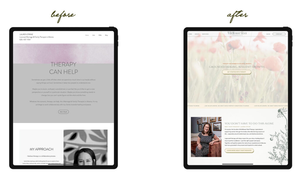 Before-and-after Women’s therapy website design should do more than explain a therapist’s services. It should give potential clients a sense of what it might actually feel like to work with you.: a plain therapy page becomes a warm, floral site with a therapist photo, elegant layout, and welcoming tone.
