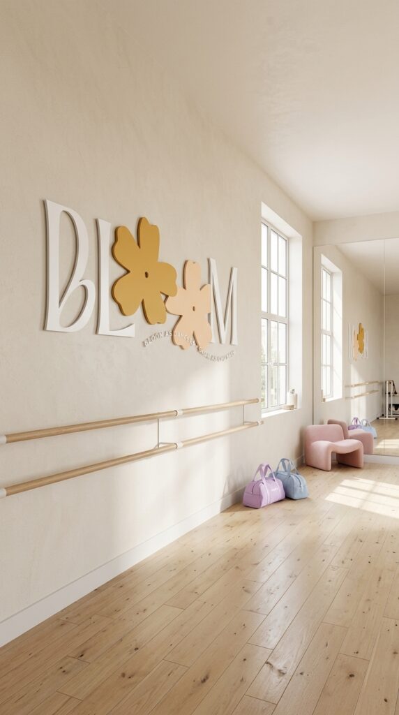 Bright, serene dance studio with flower wall art, ballet barres, sunlit windows, pink chairs, and colorful bags on a wooden floor.