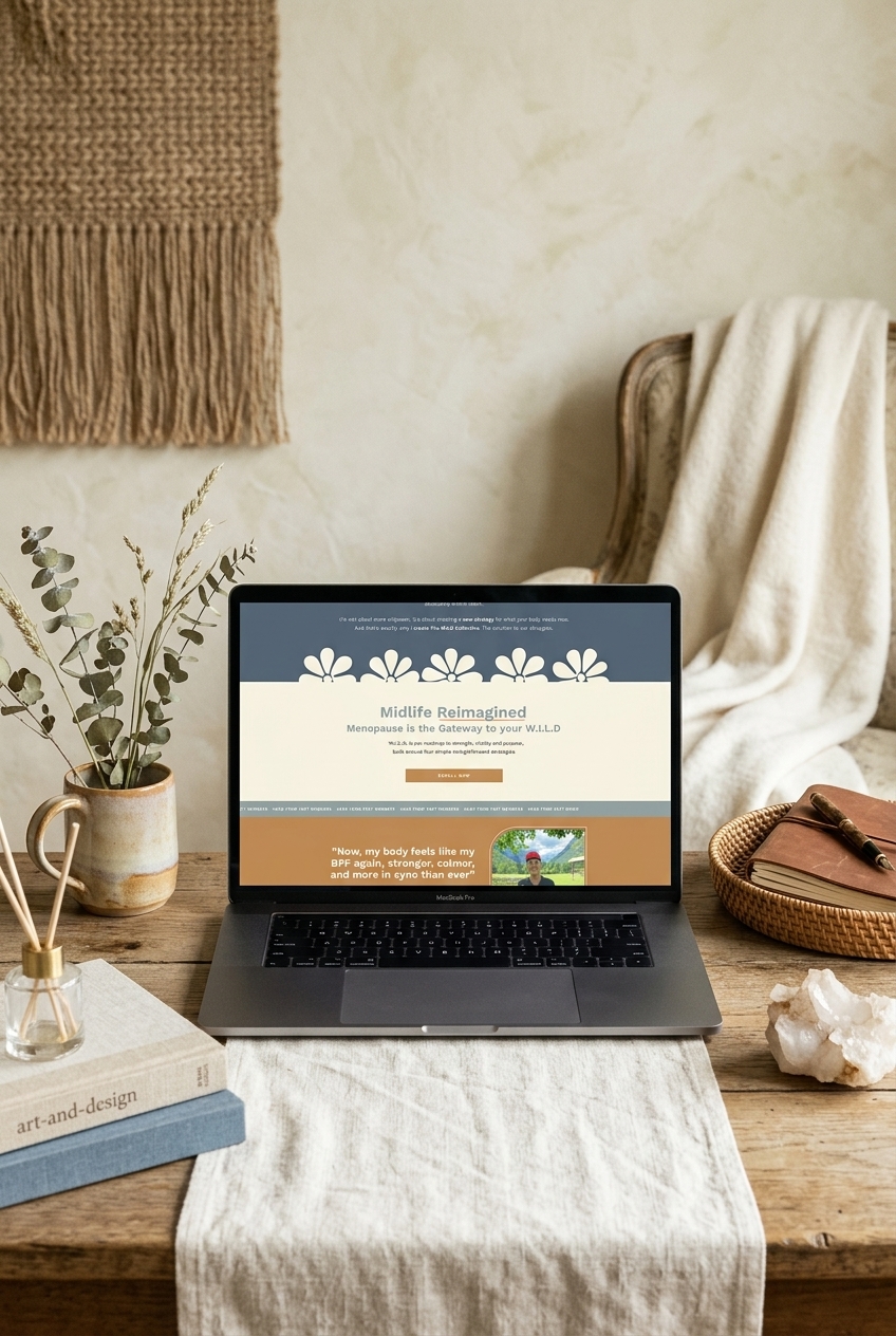 A laptop on a rustic wooden table displays a floral wellness website, surrounded by eucalyptus, neutral linens, books, and woven decor for a calm, natural feel.