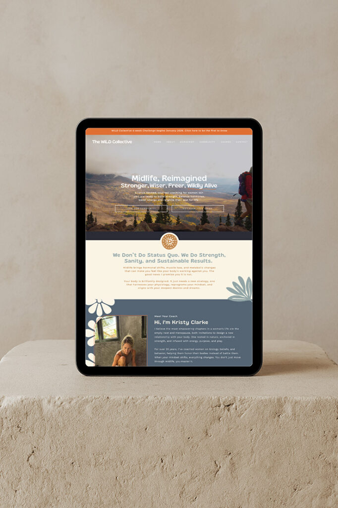 A black tablet on a stone pedestal displays a “Midlife, Reimagined” wellness website with a mountain landscape, warm colors, and a calm, hopeful tone.