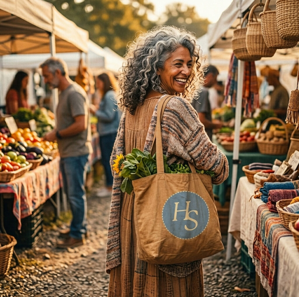 Smiling gray-haired woman carries a market tote branded with HappySelf Coaching's logo, filled with greens through a sunlit farmers market, surrounded by colorful produce and crafts.