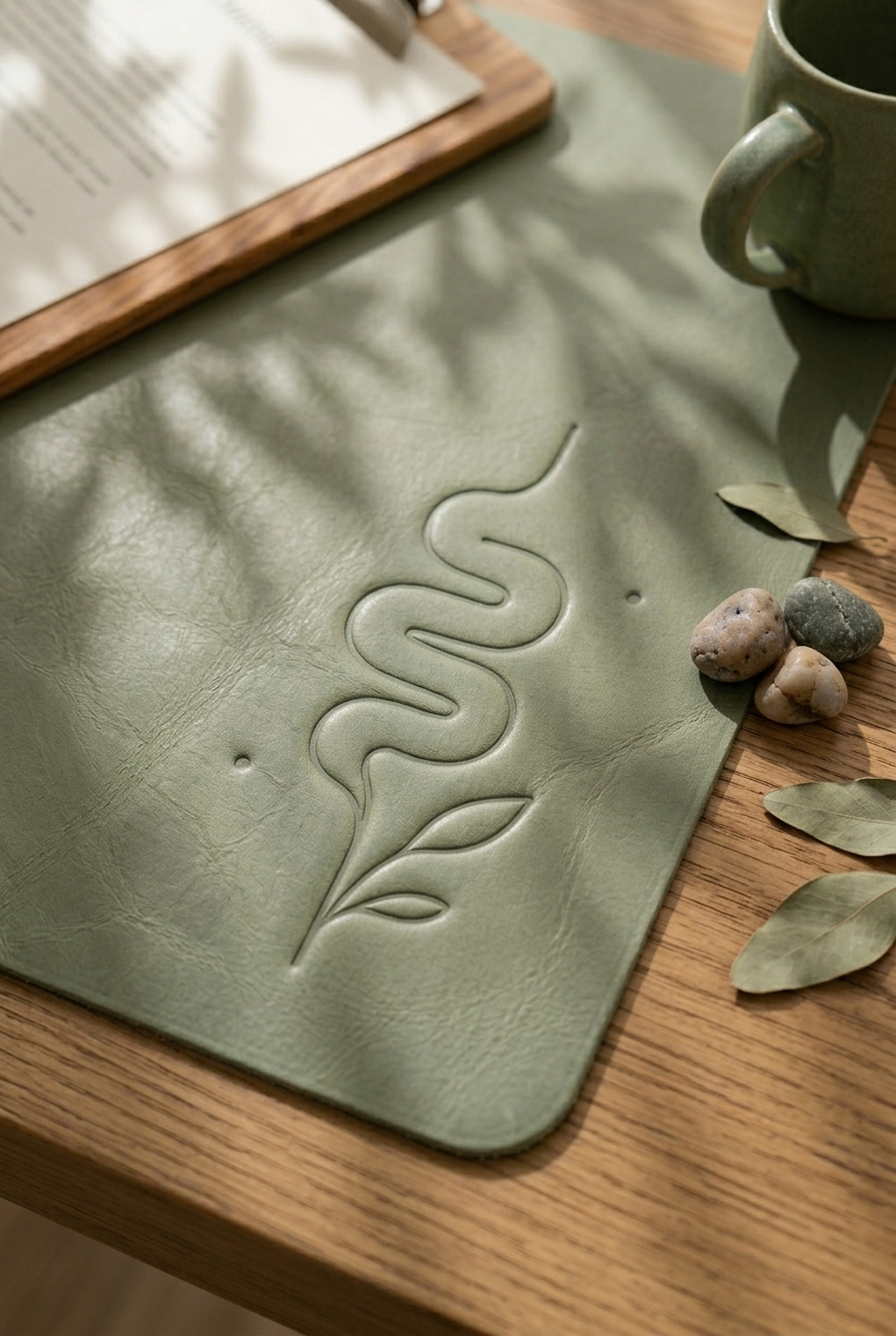 Sage-green leather mat with an embossed botanical vine rests on a wooden table beside pebbles, leaves, coffee mug, and papers in warm sunlight.