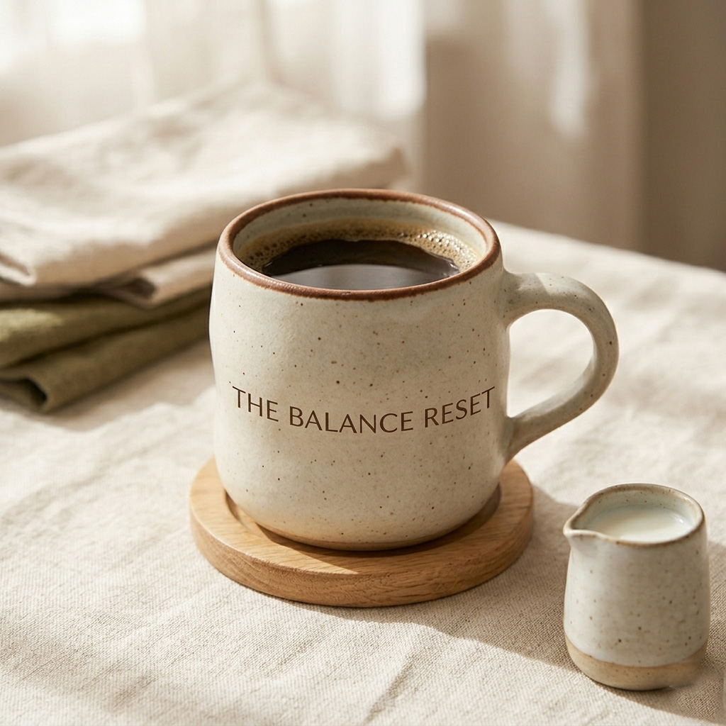 A speckled ceramic mug labeled “THE BALANCE RESET” holds coffee on a wooden coaster beside a matching small cup, in soft morning light.