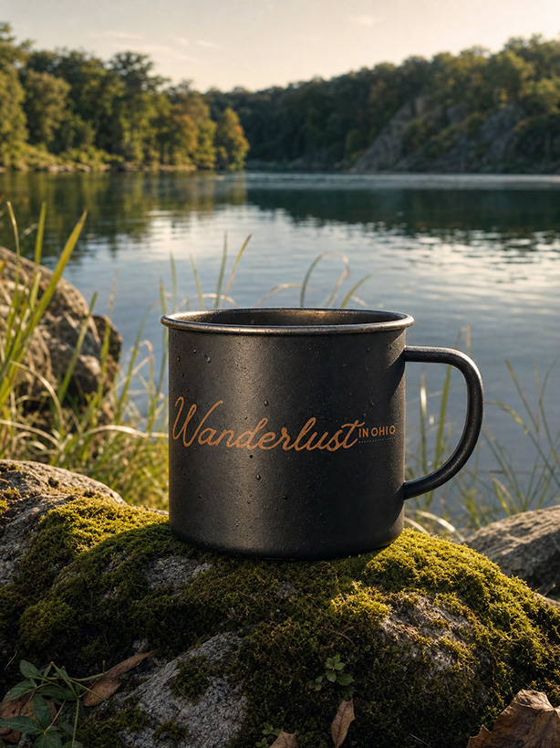 A black “Wanderlust in Ohio” mug rests on a moss-covered lakeside rock, with calm water and forested hills beyond in warm evening light.