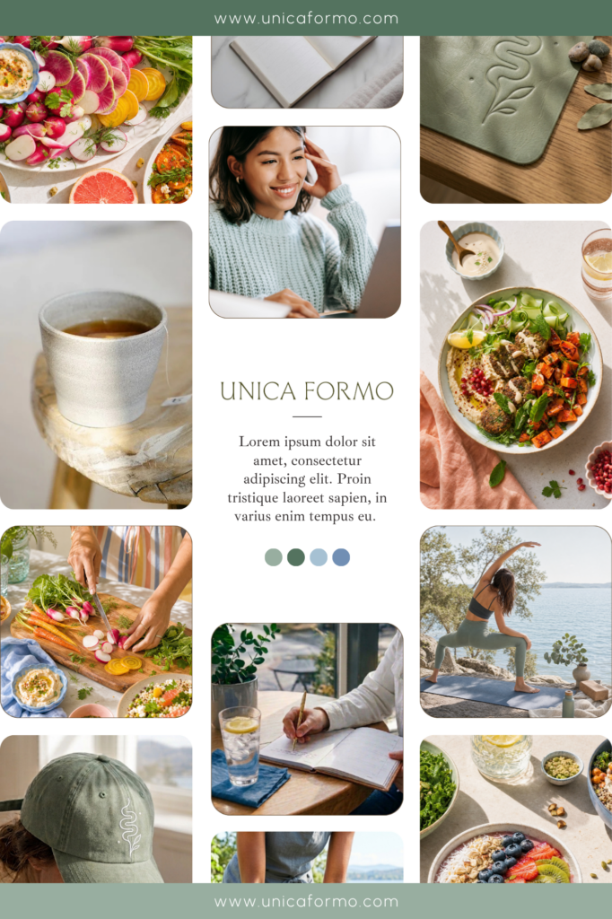 Lifestyle collage featuring healthy meals, coffee, journaling, yoga by the sea, and cozy home details in a soft, earthy aesthetic.