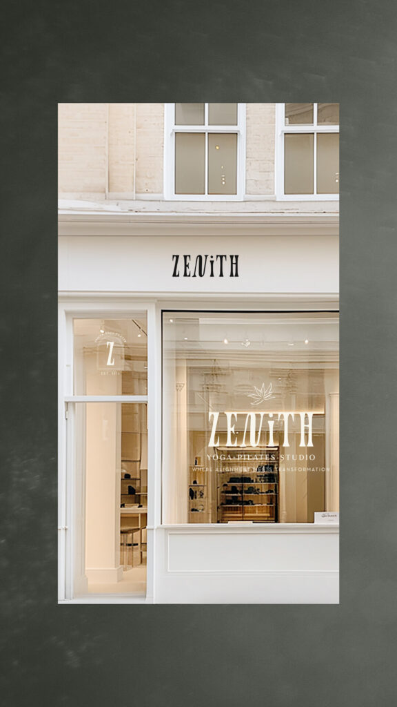 Elegant cream-colored ZENITH storefront with tall windows, refined lettering, and a warmly lit minimalist interior, conveying a calm, upscale mood.