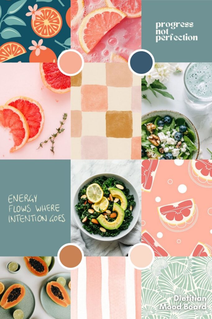 Colorful mood board collage with citrus, papaya, salad, botanical patterns, pastel swatches, and text conveying fresh, optimistic energy.