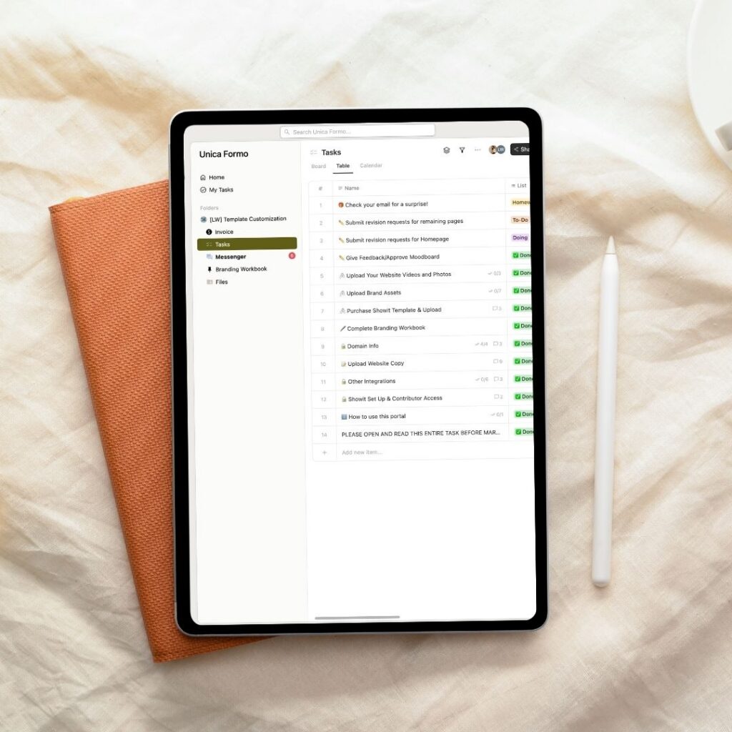 A look inside Unica Formo's Project hub and homework tasks for a web design project.