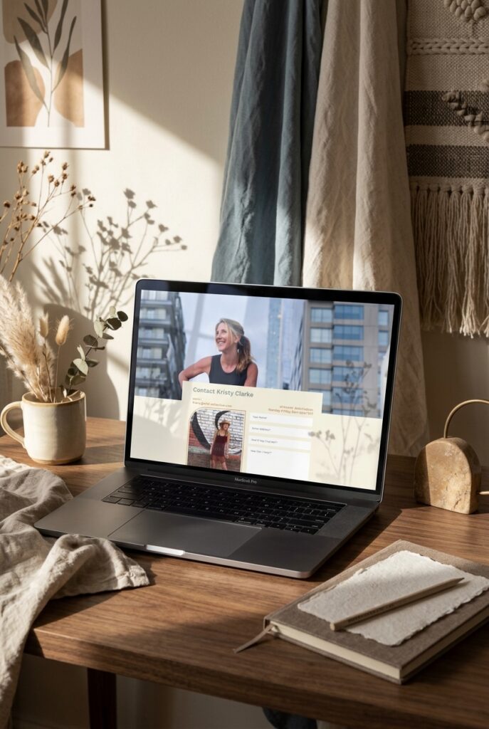 A laptop displaying a woman’s profile webpage sits on a sunlit wooden desk with dried flowers and a notebook, creating a calm, cozy workspace.