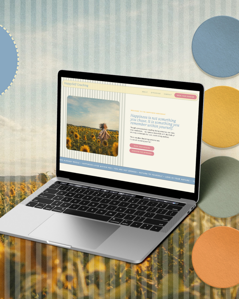 Open laptop displays a sunflower-field website beside colorful circular shapes, creating a warm, cheerful, and creative desktop scene.