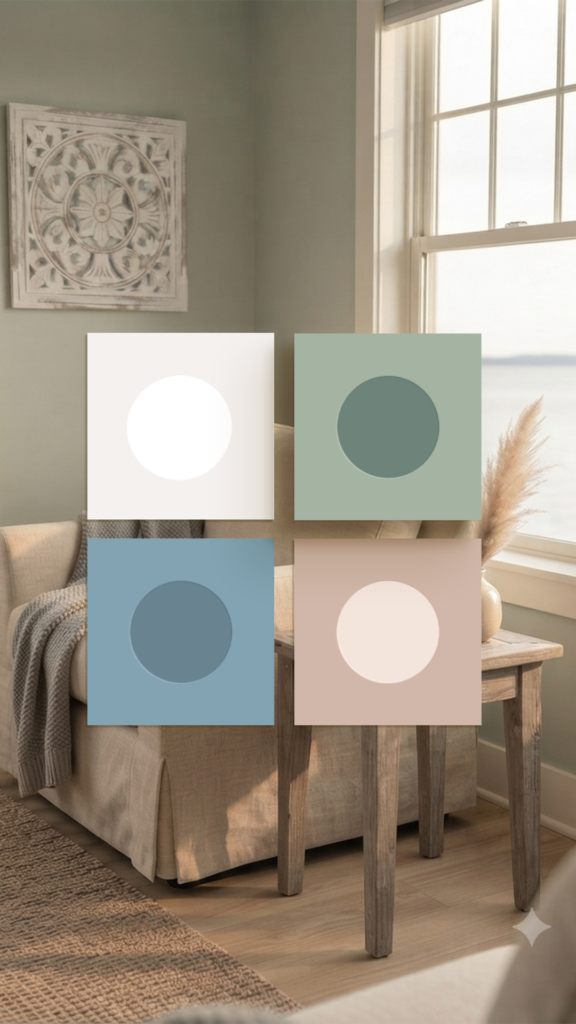 Calm sunlit living room with framed art, armchair, and four floating color swatches: white, sage, dusty blue, and blush pink.
