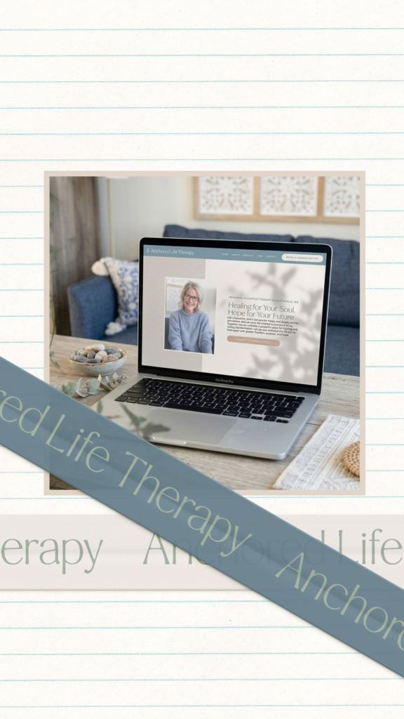 Laptop displays a therapy website with an older woman’s portrait, surrounded by tea, notebooks, and pillows; banner reads “Cell Life Therapy Anchors.”