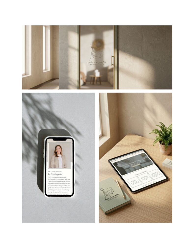 Collage of a warm, sunlit interior: a phone displays a woman’s profile article, while a tablet shows a webpage beside a plant and notebook.