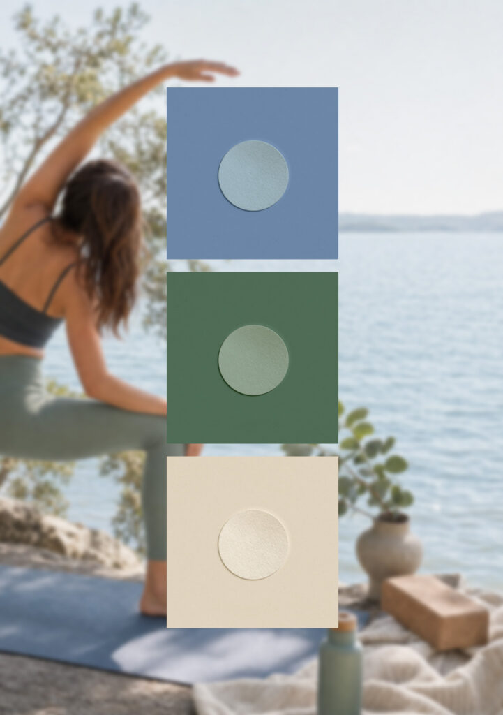 Woman stretching in a lakeside yoga pose beside stacked blue, green, and cream color swatches with circular samples; calm, natural scene.