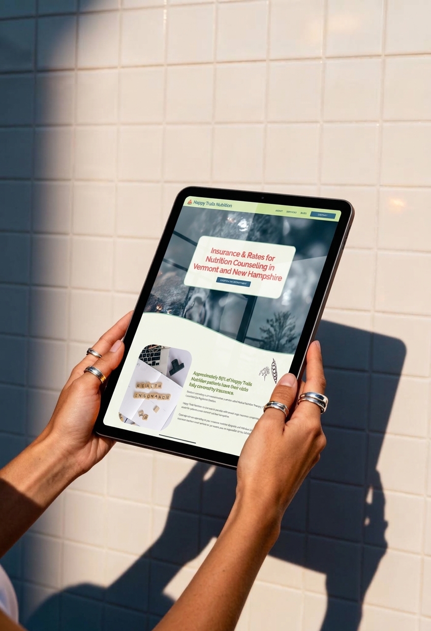 Hands with rings hold a tablet showing an online article with a red headline and photos, set against a sunlit white tiled wall; informative mood.
