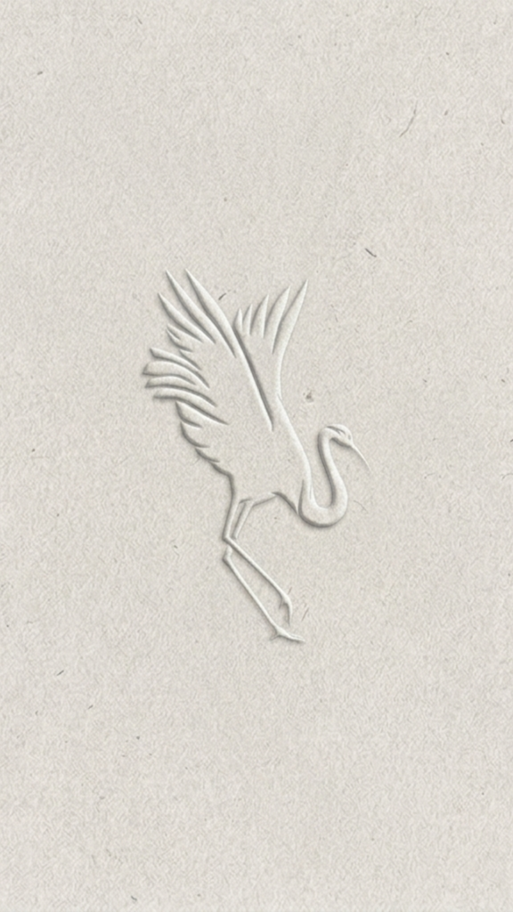 Delicate embossed outline of a heron in flight, wings spread and long legs trailing, etched into textured white paper with a calm, minimalist tone.
