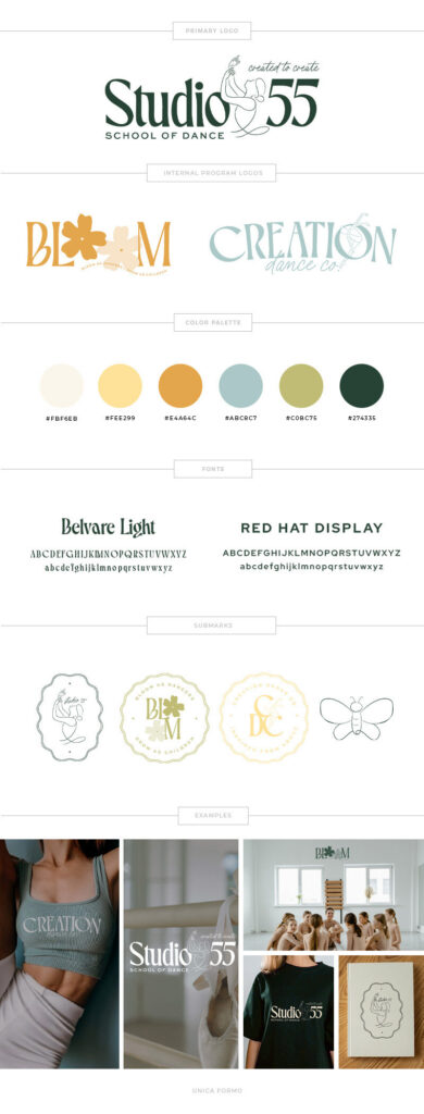 Brand mood board for Studio 55, featuring elegant logos, muted green, cream and gold palette, fashion photography, and refined boutique styling.