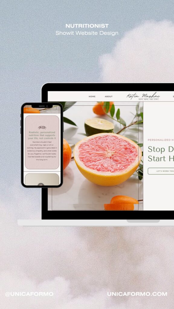 Nutritionist website mockup on a laptop and smartphone, featuring vibrant grapefruit and citrus photography against a soft pastel cloud background.