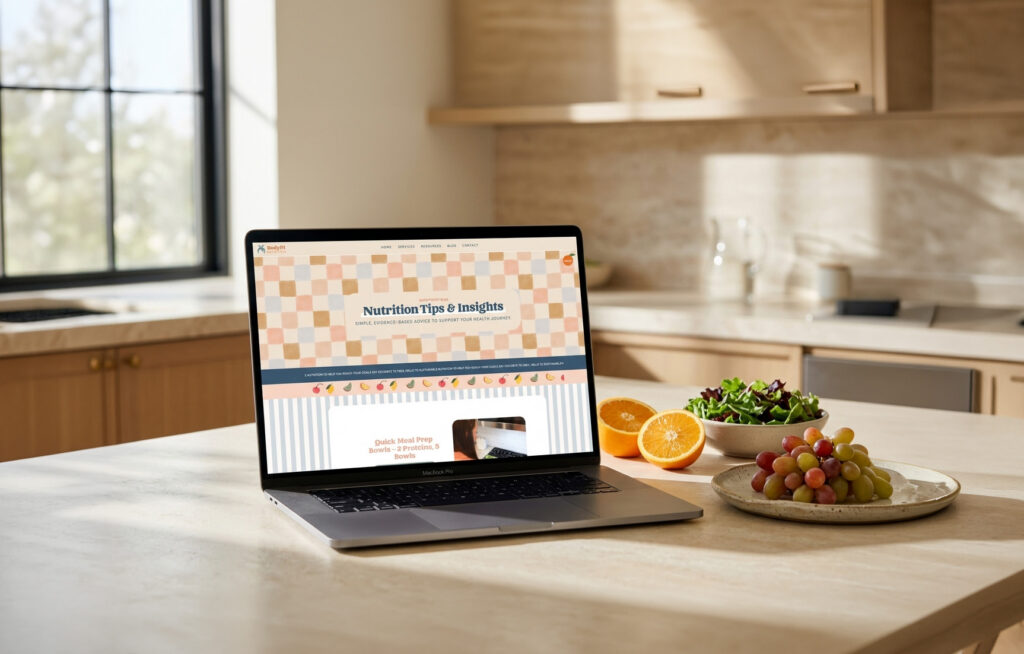 Laptop displaying a “Nutrition Tips and Insights” webpage on a bright kitchen island, beside oranges, grapes, and a fresh salad.