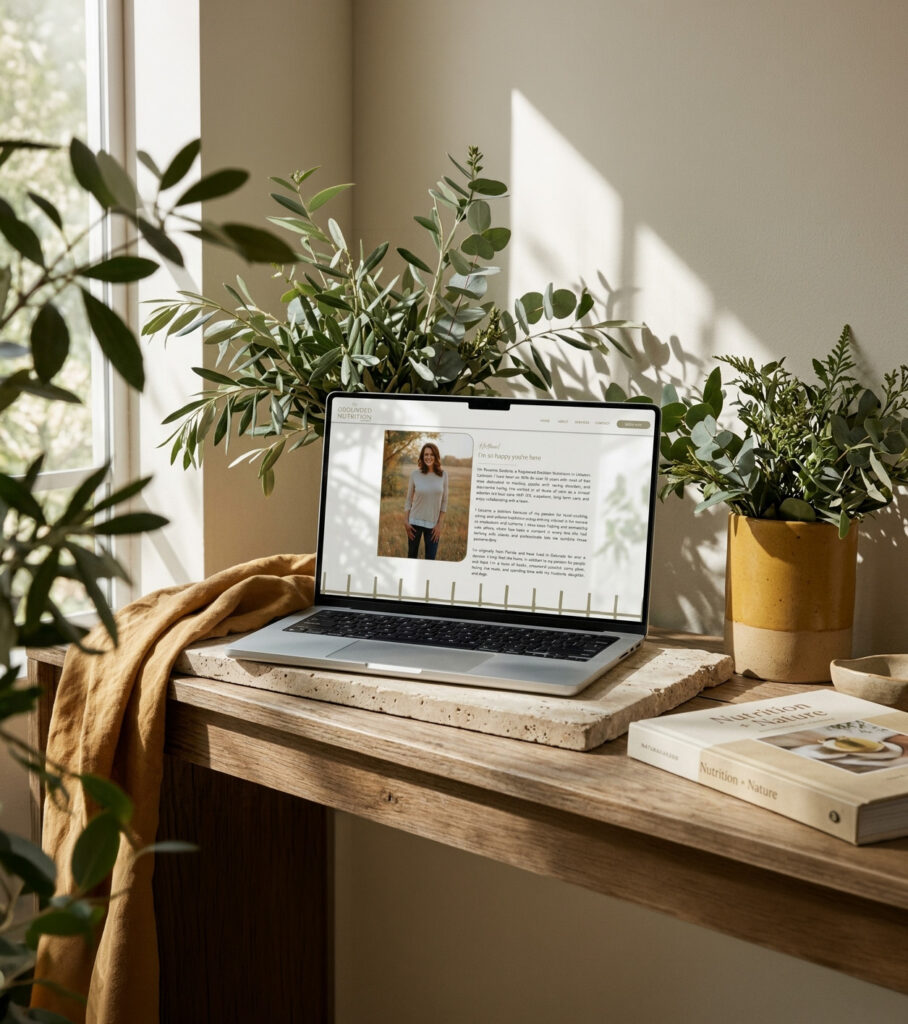 Sunlit home office with a laptop displaying a profile webpage, surrounded by leafy plants, books, and a cozy blanket on a wooden desk.