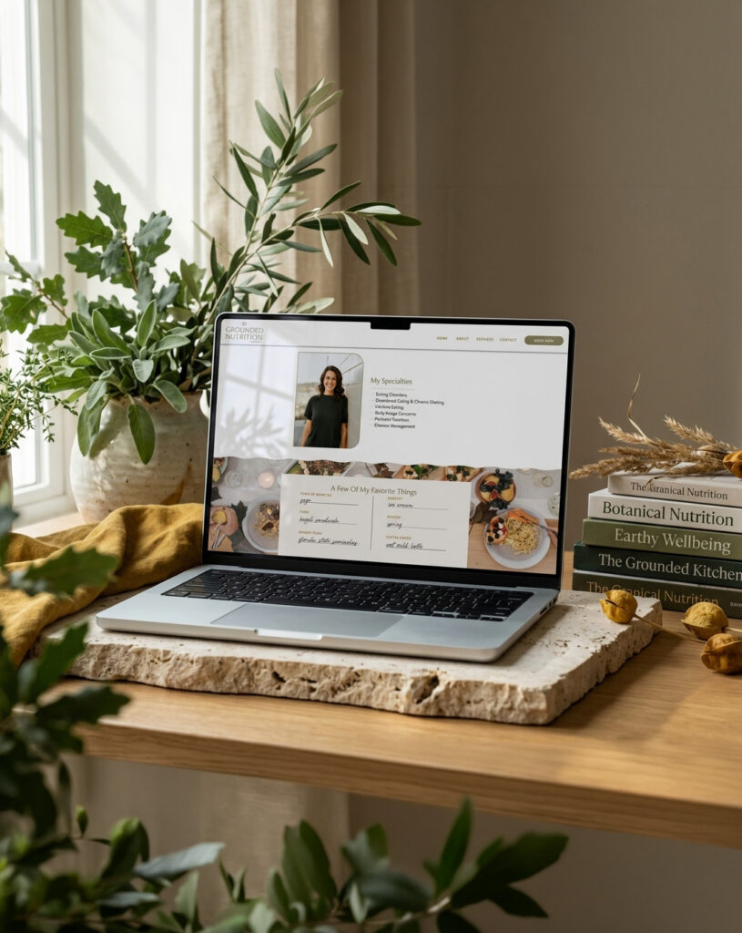 Laptop displaying a botanical nutrition website on a wooden table, surrounded by leafy plants, books, and warm sunlight; calm, natural tone.