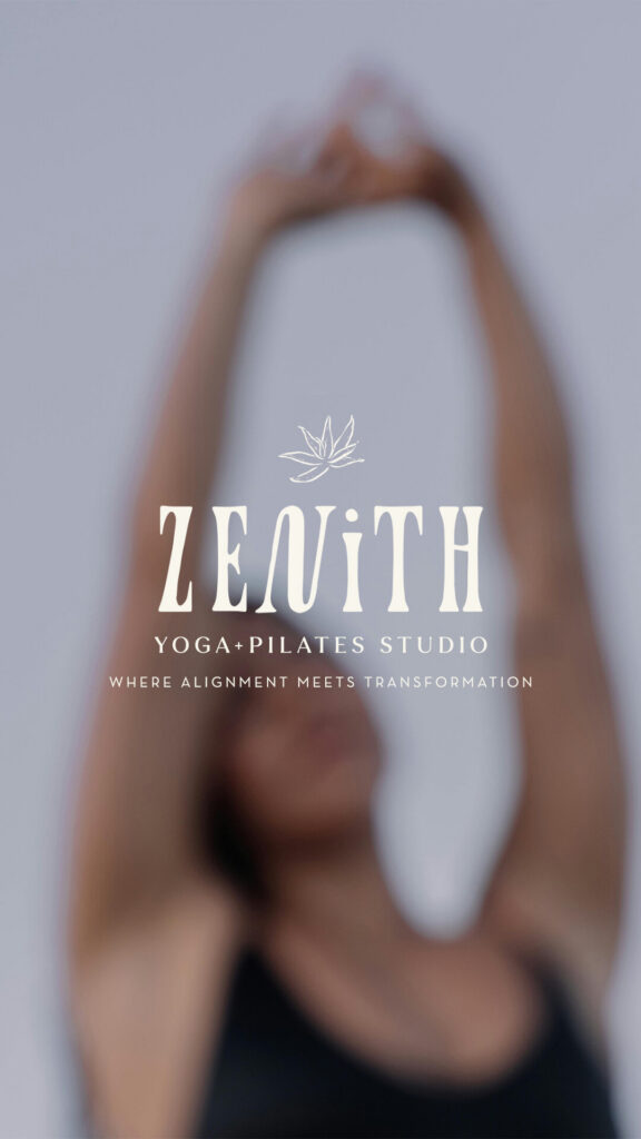 Blurred woman in a black top stretches arms overhead in a yoga pose; “Zenith Yoga + Pilates Studio” text conveys calm wellness.