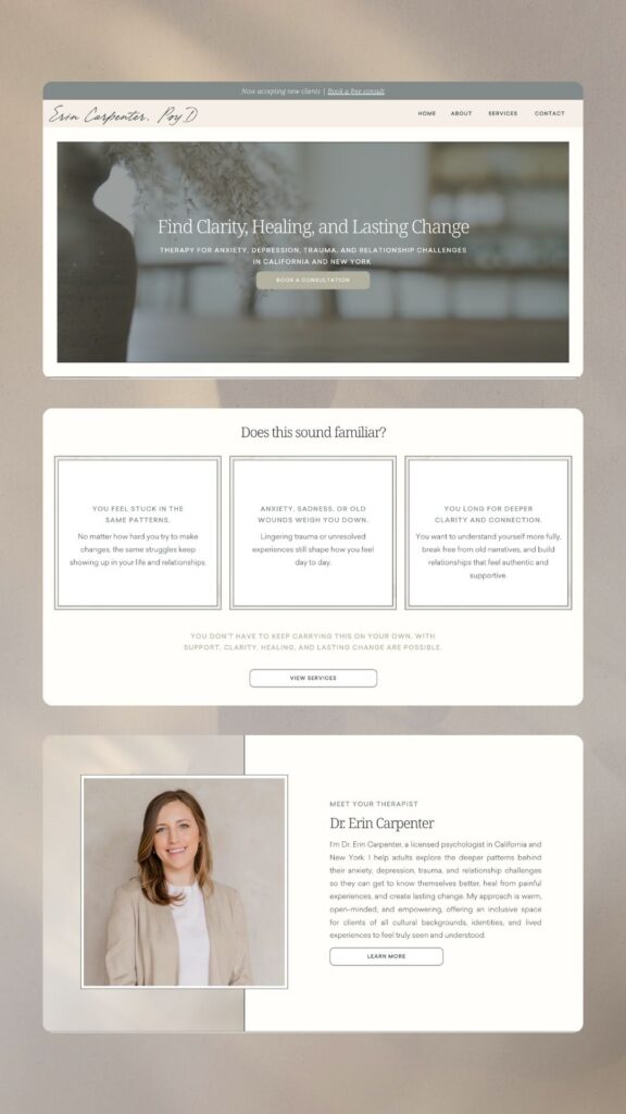 Therapy website mockup featuring “Find Clarity, Healing, and Lasting Change,” service cards, and a warm portrait of therapist Dr. Erin Carpenter.