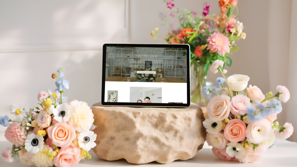 Tablet displaying a modern interior on a plush tan ottoman, surrounded by colorful pastel flower arrangements in a bright, elegant room.