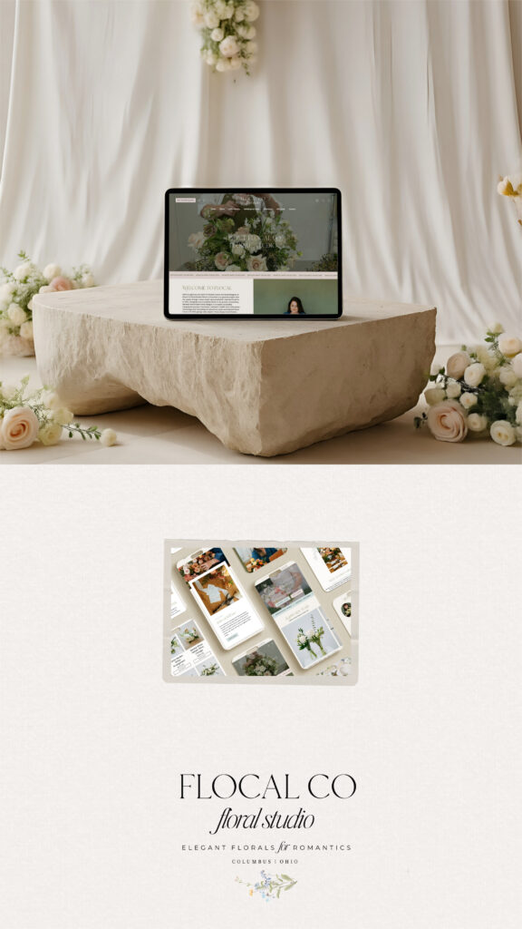 Elegant wedding scene with a laptop displaying a floral website on a stone pedestal, surrounded by flowers and draped fabric; Flocal Co. branding below.