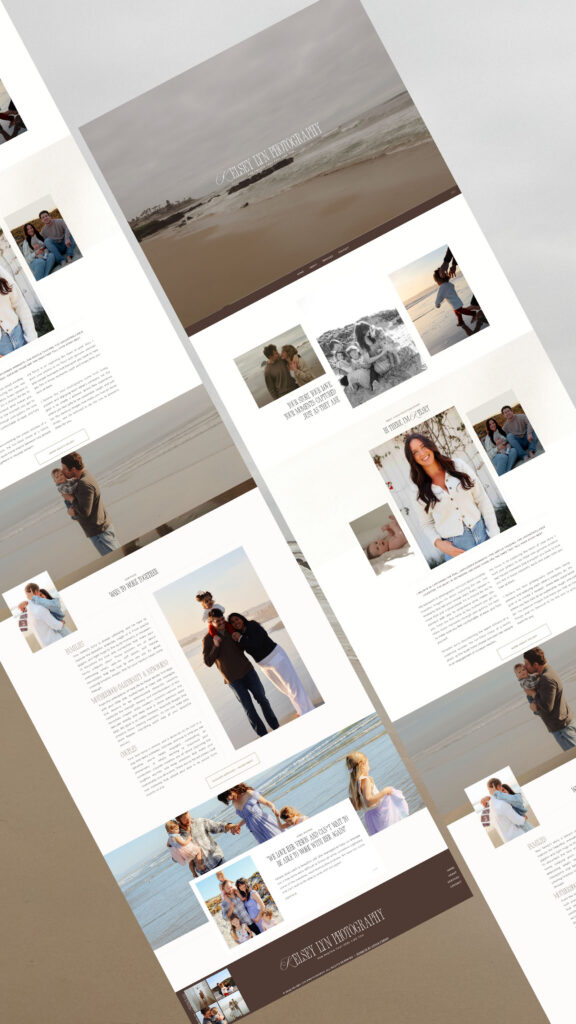 A tilted collage of website and magazine pages featuring small beach fashion and lifestyle photos, product layouts, and text blocks in a muted, editorial style.