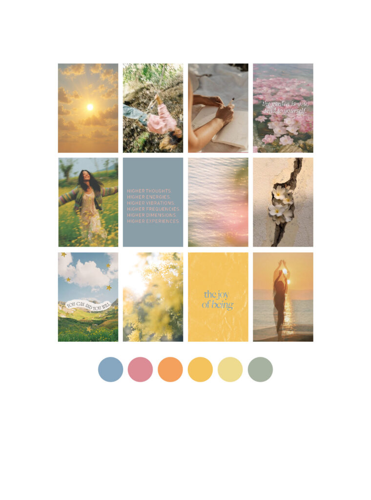 Twelve-panel pastel mood board with sunlit nature, women, flowers, beach scenes, inspirational text, and six muted color swatches; calm, dreamy tone.