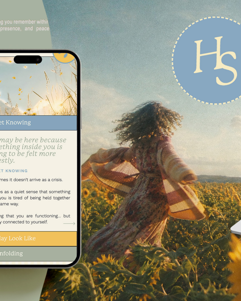 Collage showing a woman in a flowing dress walking through a sunflower field at sunset, beside a smartphone wellness screen and blue “Hs” logo.