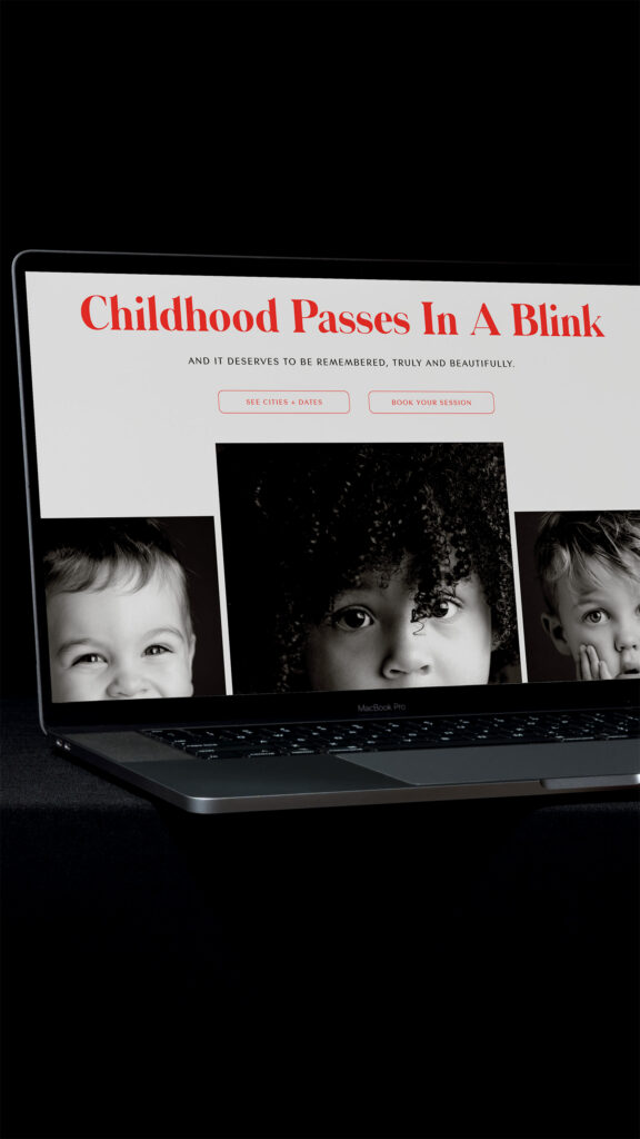 Laptop displays “Childhood Passes In A Blink,” a grayscale webpage with three children’s portraits, evoking nostalgia and reflection.