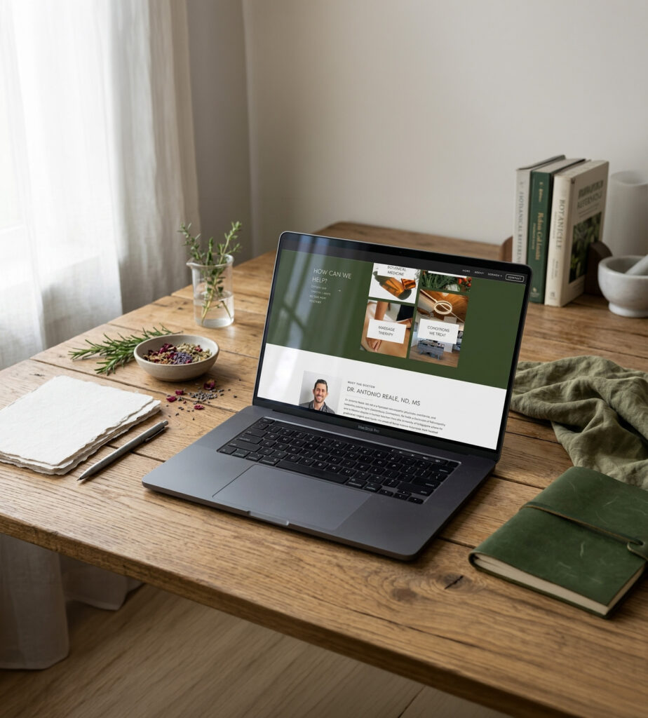 A laptop on a wooden desk displays a green-themed food and wellness website, with herbs, a small bowl, notebooks, books, and a plant nearby; the scene feels calm and inviting.