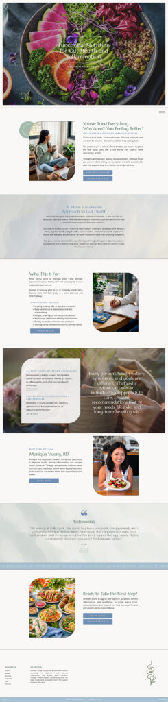 Long functional nutrition website design webpage screenshot featuring vibrant food bowls, recipe and wellness text, photos of people, blue buttons, and soft pastel backgrounds.