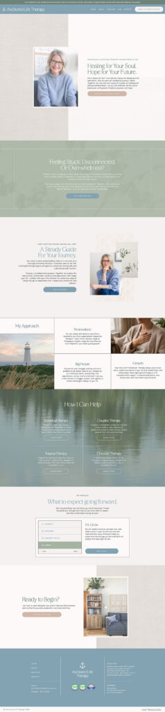 Long webpage screenshot with muted blue and green sections, small text, photos of a woman and landscapes, and rounded buttons promoting a calm wellness service.